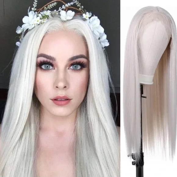 22” WHITE BLONDE STRAIGHT LACE FRONT WIG *NEW* 22 Inch Blonde Lace Front Wig Human Hair Bone Straight Human  main image 2